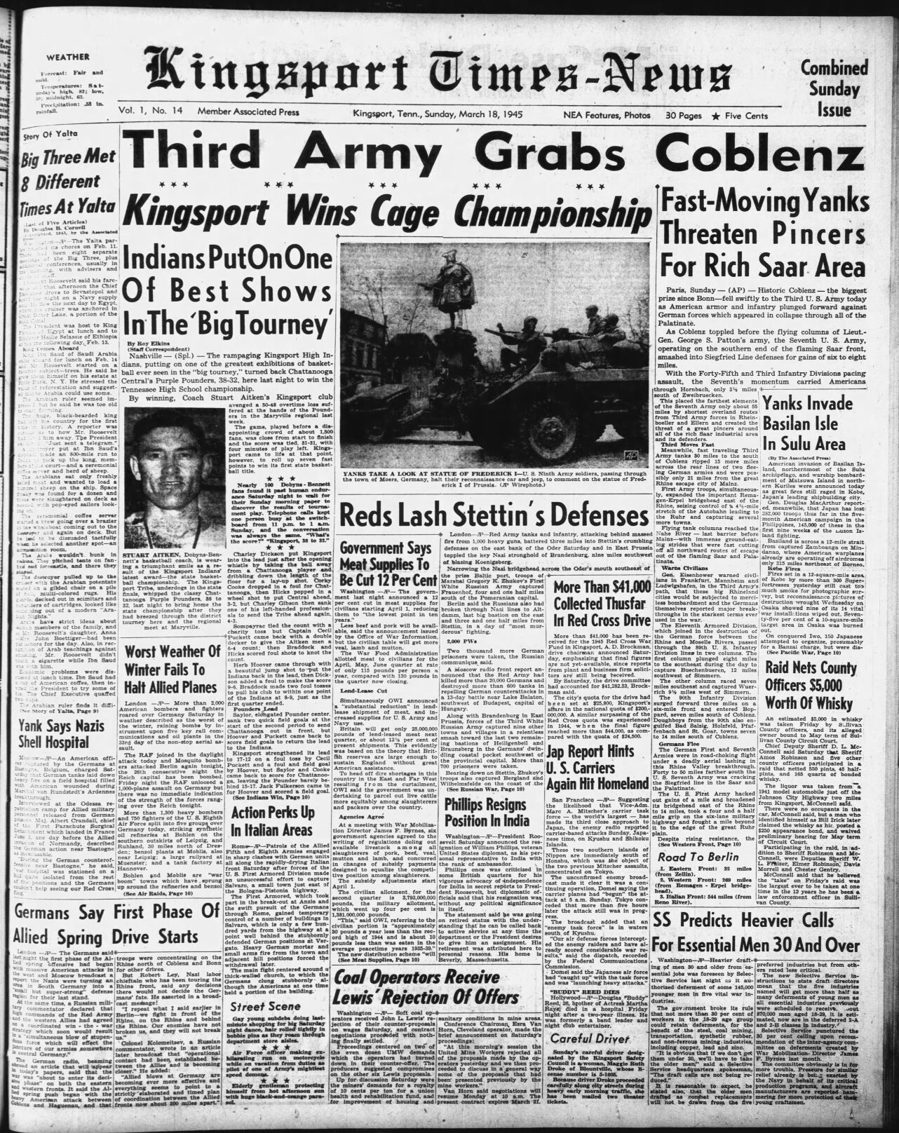 Kingsport Times-News front page, March 18, 1945